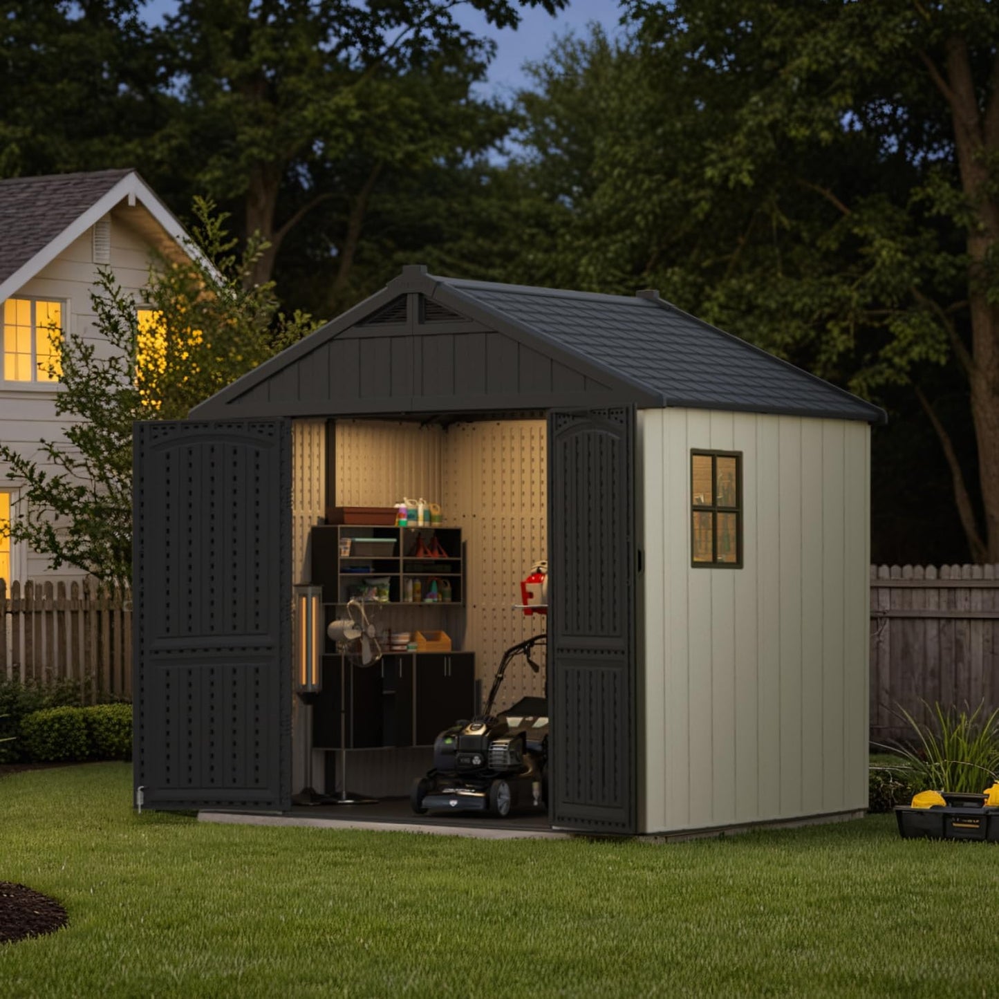 🔥 Factory Direct Sale – No Middleman Markups, Only $5 Profit Per Order! 🔥 Patiowell Resin Outdoor Storage Shed with Floor, Light, and Lockable Door for Garden, Backyard, and Tool Storage (Kick-it Shed)